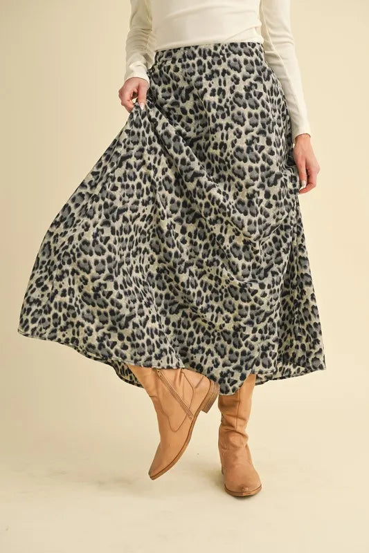 Flowy leopard print A-line midi skirt