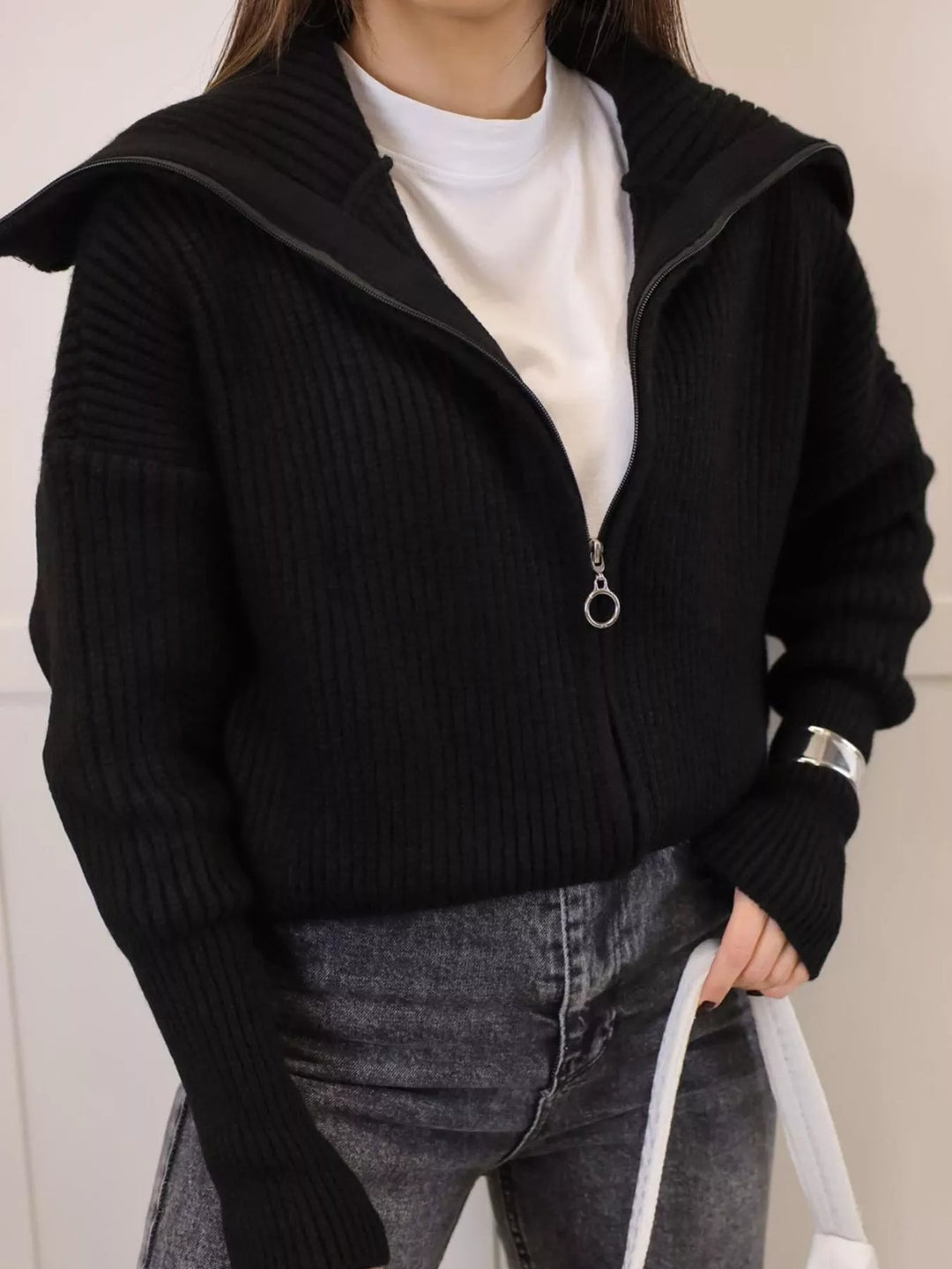 Chunky two-way zip sweater jacket with foldover collar