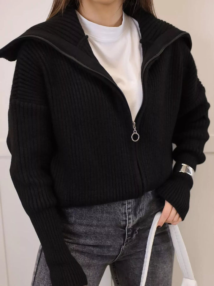 Chunky two-way zip sweater jacket with foldover collar