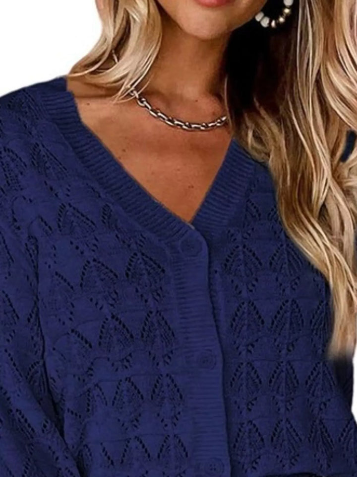 Pointelle openwork V-neck button-down knit cardigan