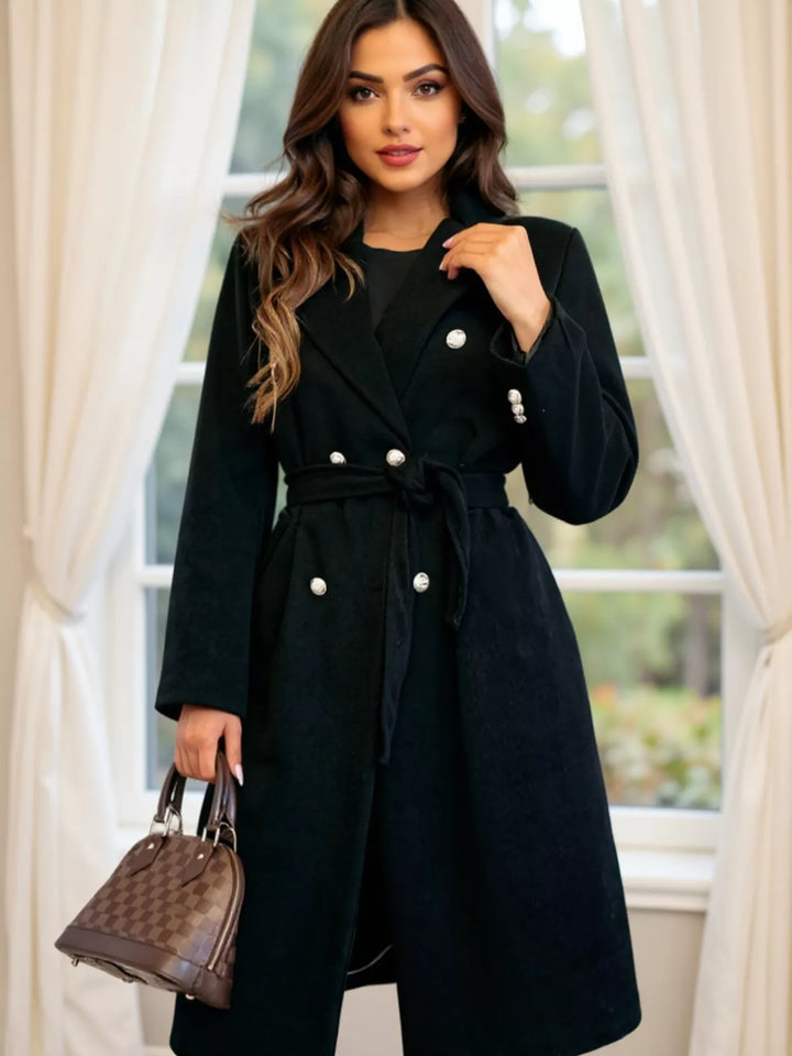 Black Double-breasted tie-waist longline overcoat