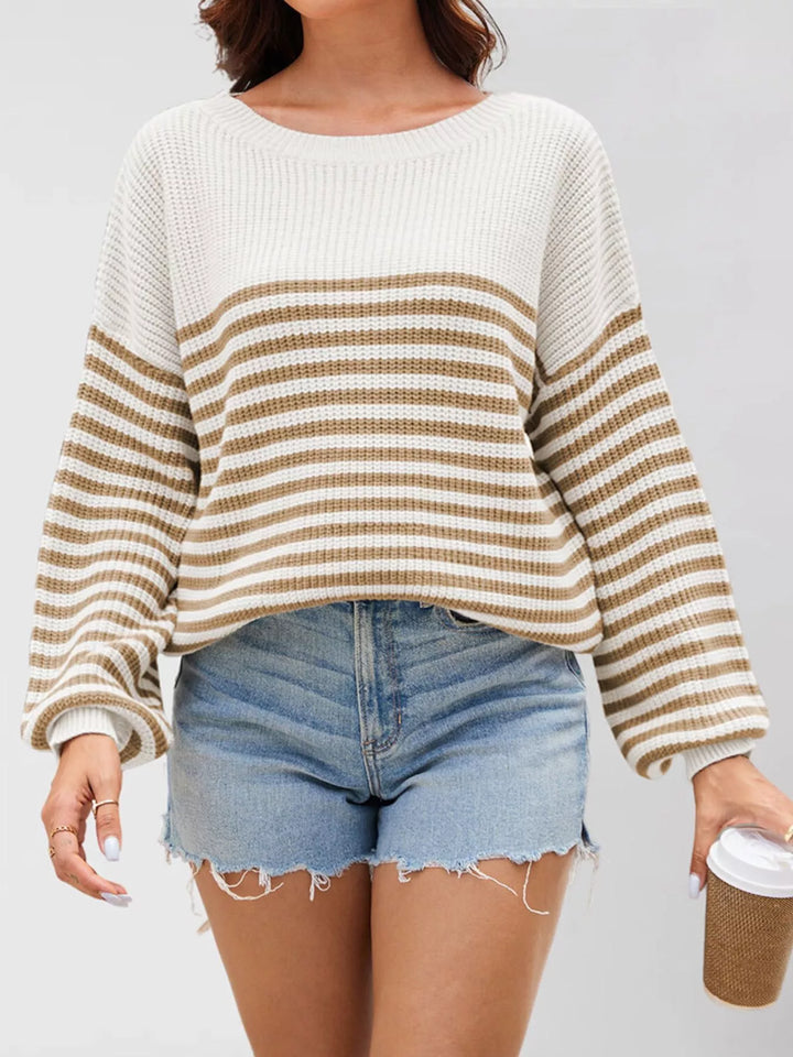 Striped ribbed knit drop shoulder pullover sweater