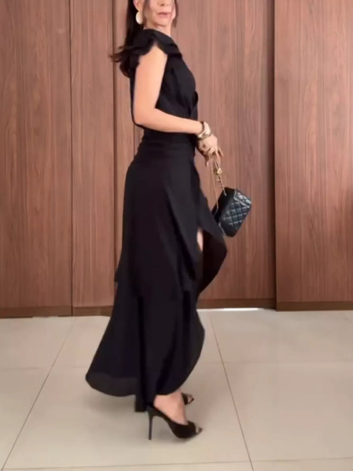 Asymmetrical ruffle hem v-neck flutter sleeve maxi dress