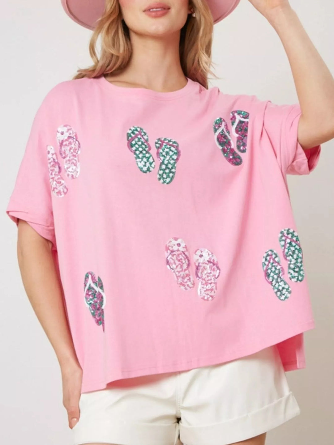 Pink Scattered sequin flip-flop graphic short sleeve tee