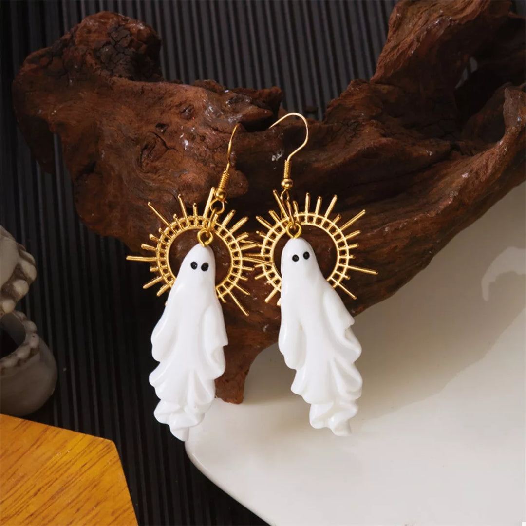 Halloween ghost drop earrings with sunburst halo