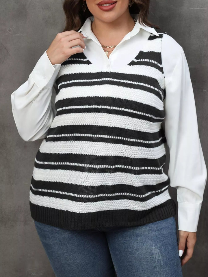 Black Plus size striped V-neck knit sweater vest