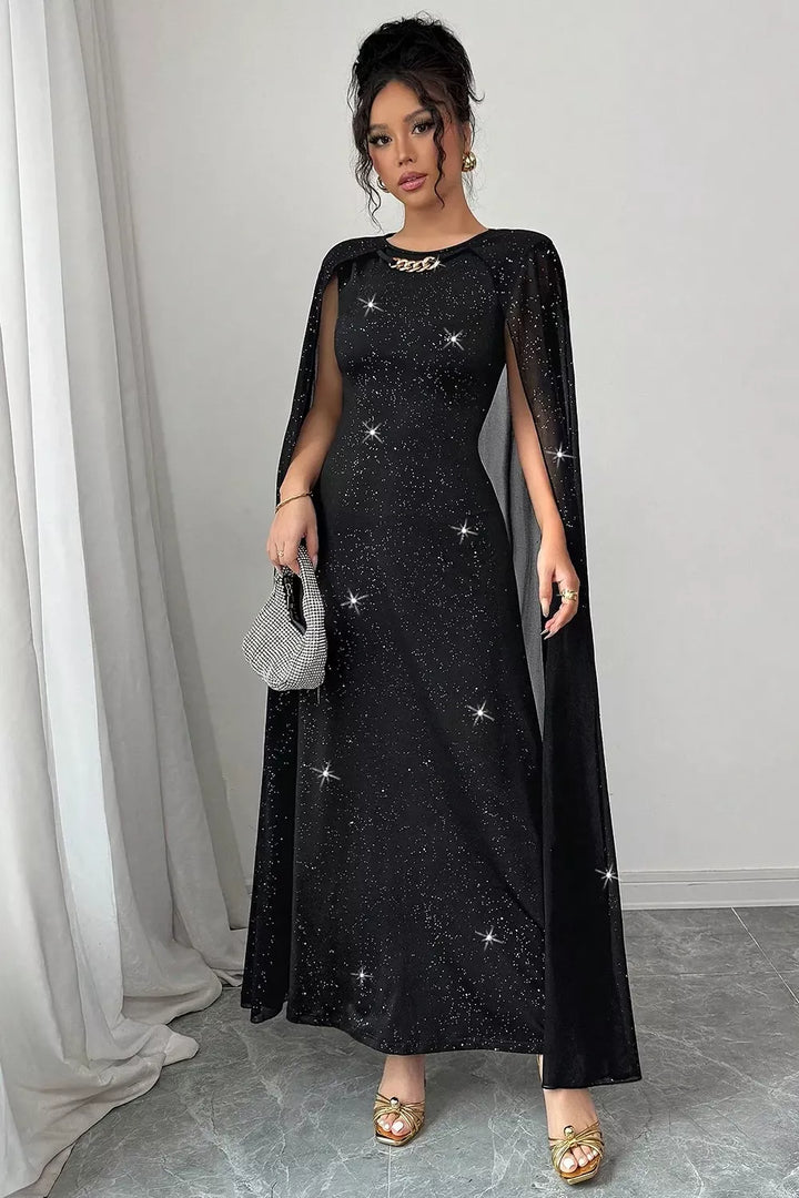 Glitter cape-sleeve maxi dress with chain neckline detail