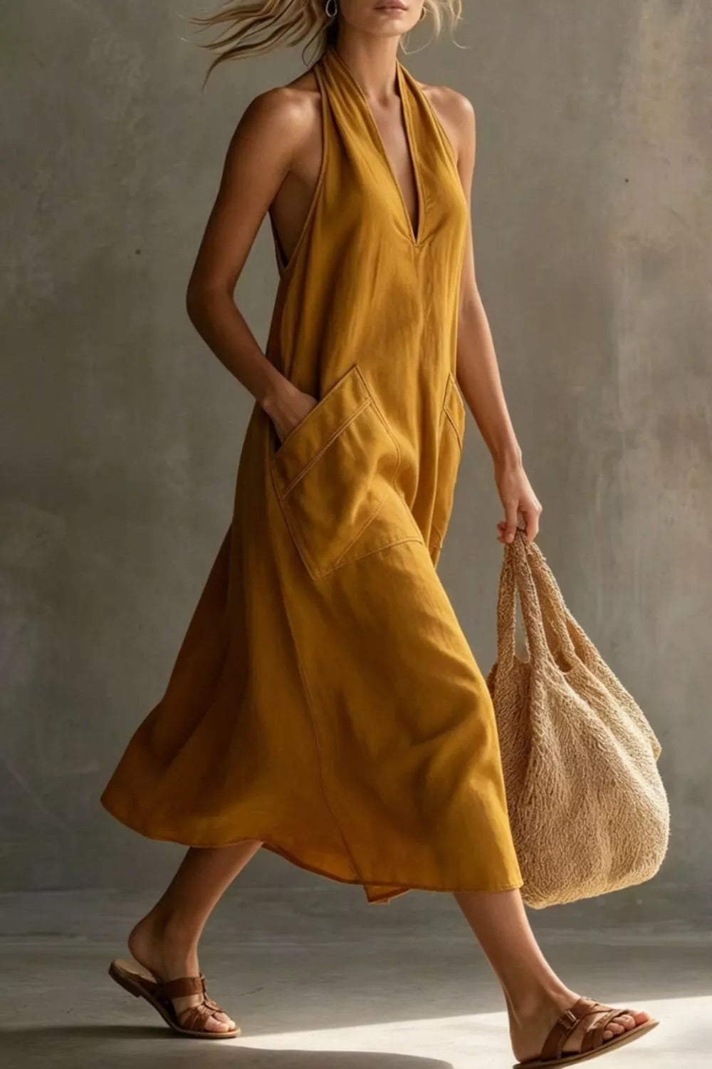 Relaxed halter neck midi dress with patch pockets