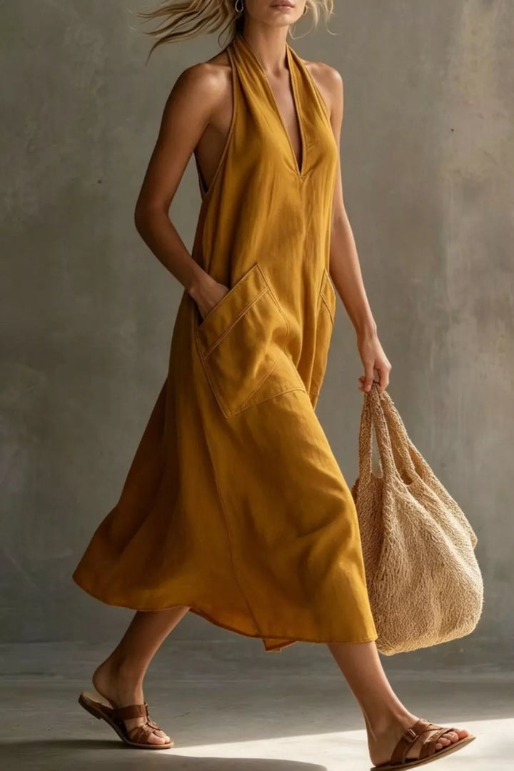 Relaxed halter neck midi dress with patch pockets