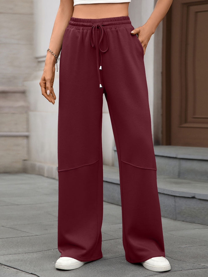 Wine Red Drawstring high-rise wide leg pants with side pockets