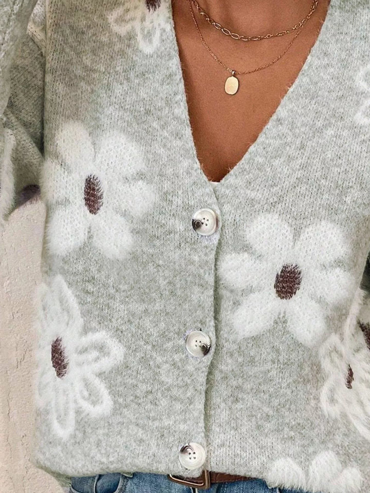 Fuzzy floral knit button-up V-neck cardigan
