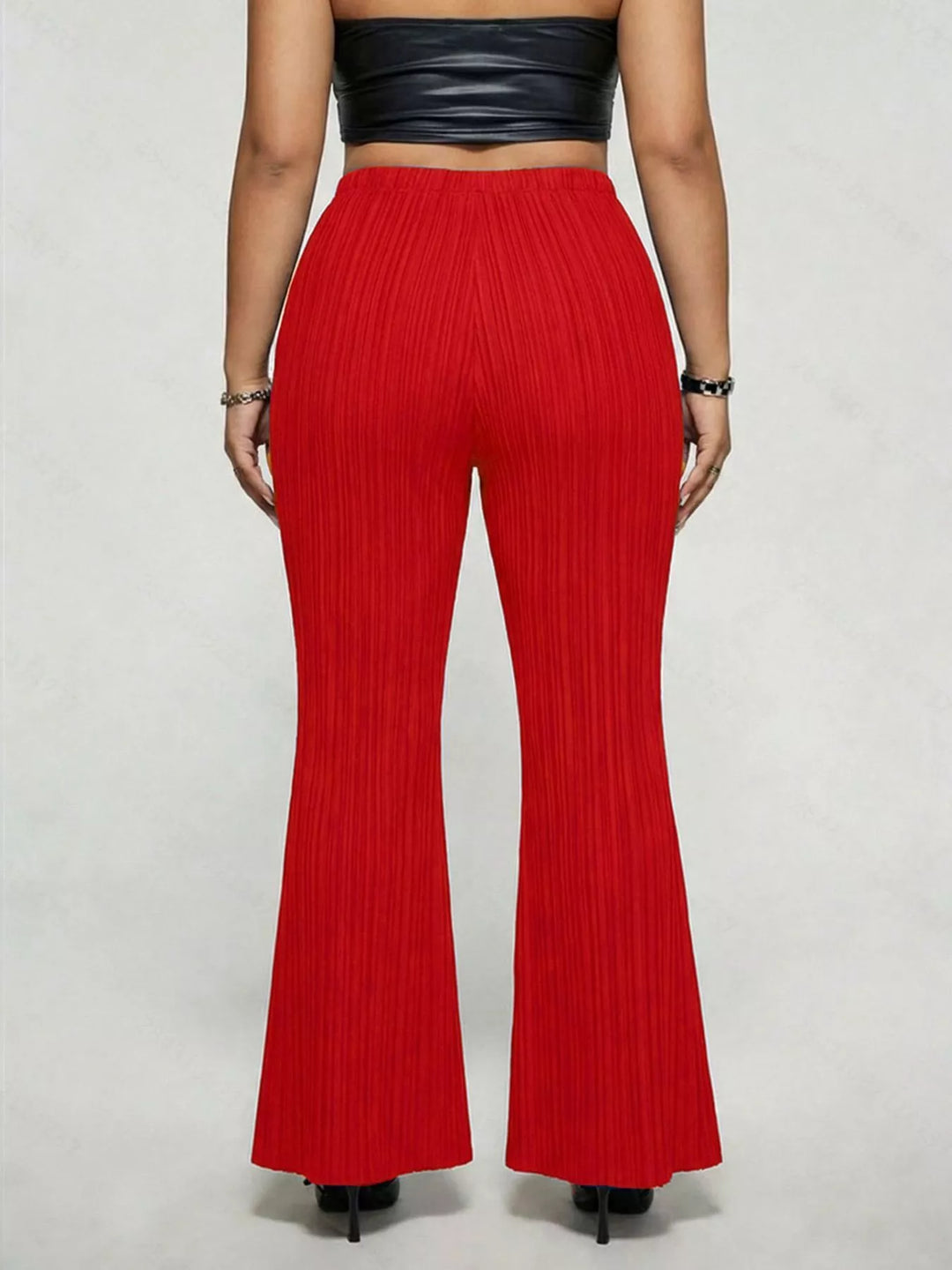 Plus size high-rise ribbed flare pants with buckle detail