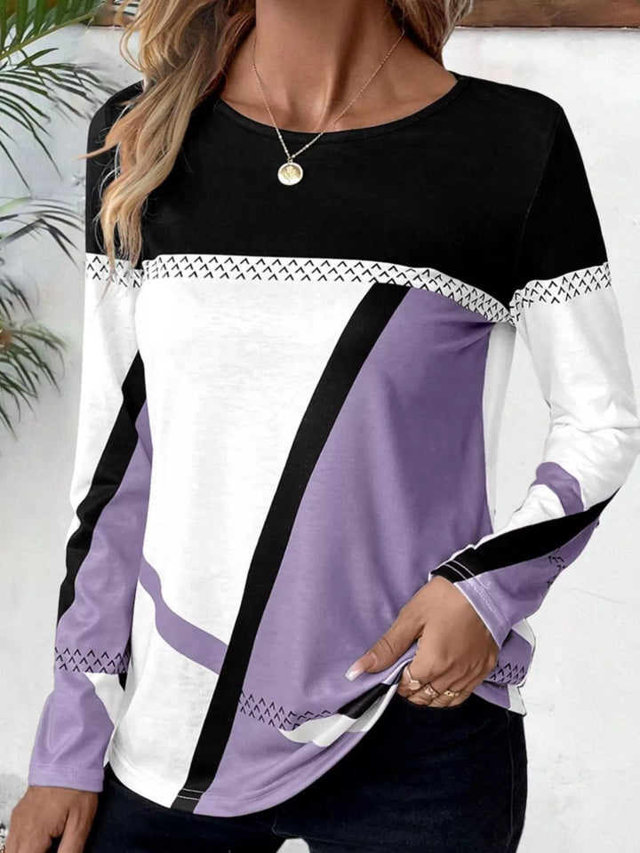 Geometric color block long sleeve crew neck top