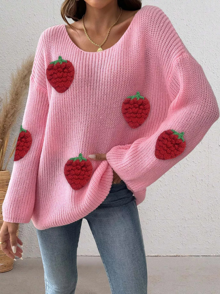 Pink Strawberry applique ribbed knit oversized pullover sweater