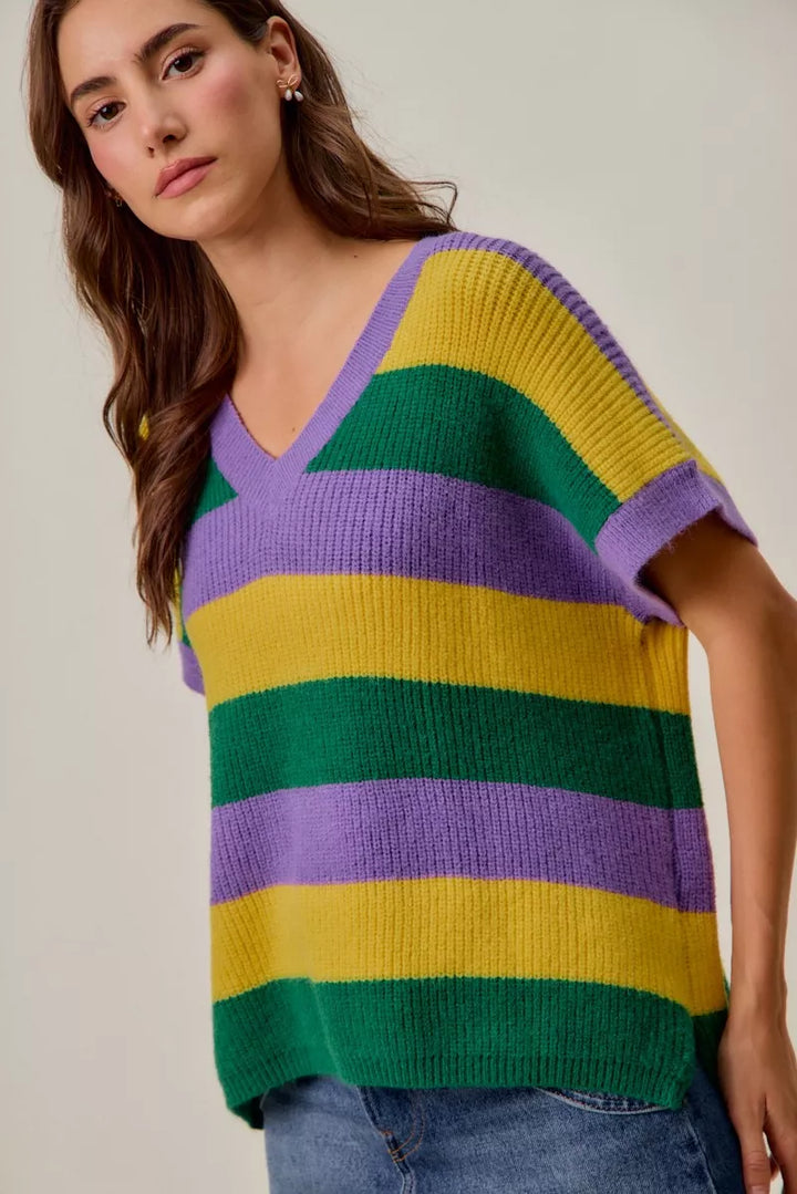 Ribbed striped V-neck short sleeve sweater top