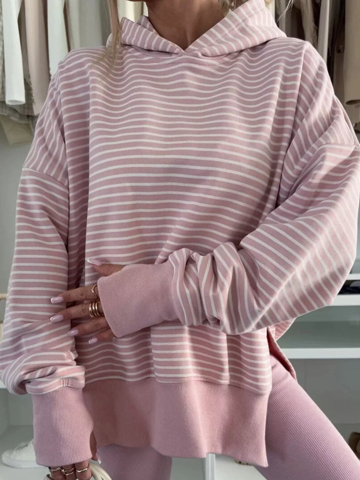 Dusty Pink Striped drop-shoulder hoodie with thumbhole cuffs and side slits