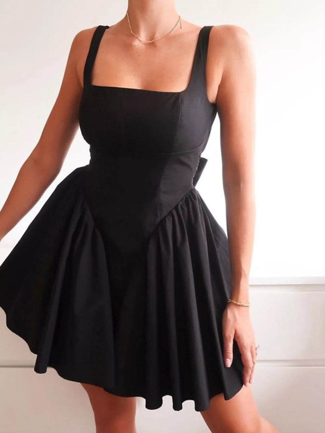 Black Backless square neck fit-and-flare mini dress