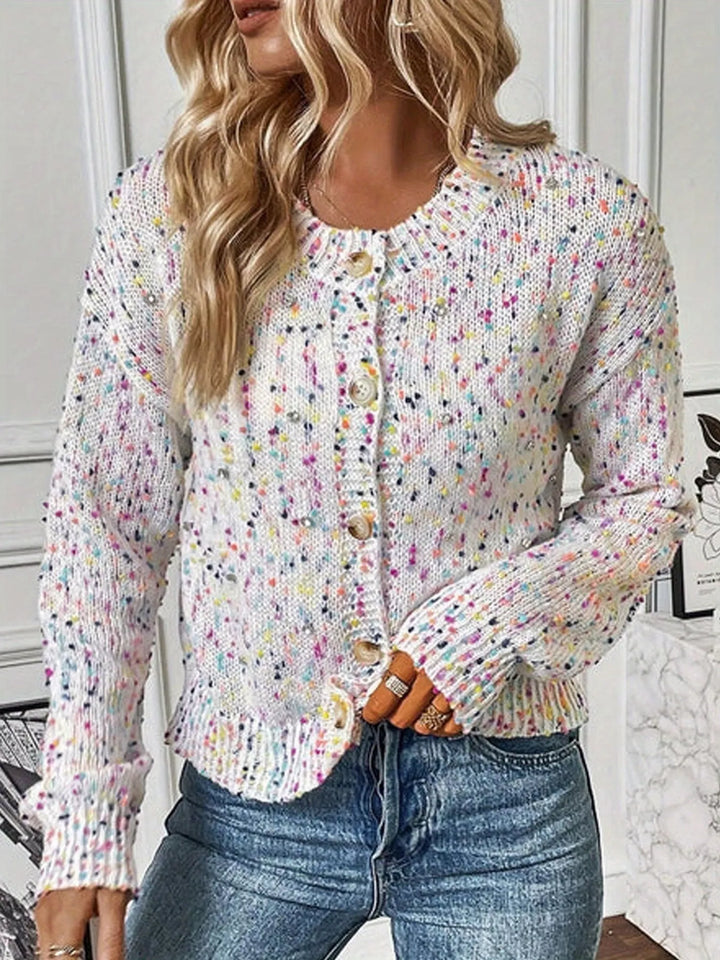 Speckled boucle knit button-front collared cardigan