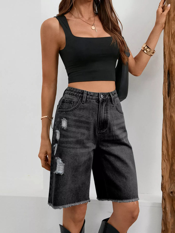 Distressed high-rise denim bermuda shorts with frayed hem
