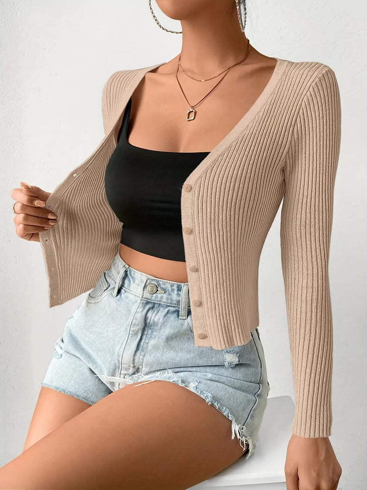 Cropped ribbed knit button-up cardigan with V-neck