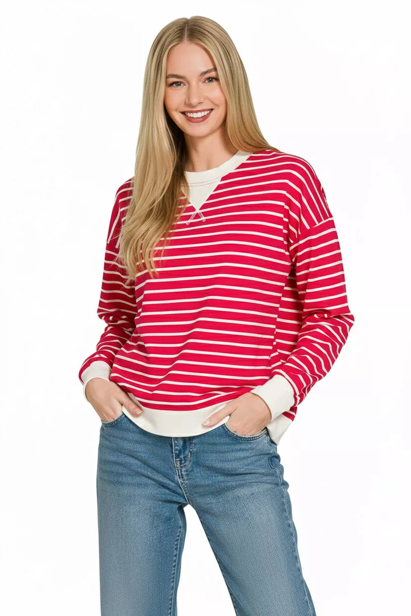 Contrast striped round neck sweatshirt with ribbed trim