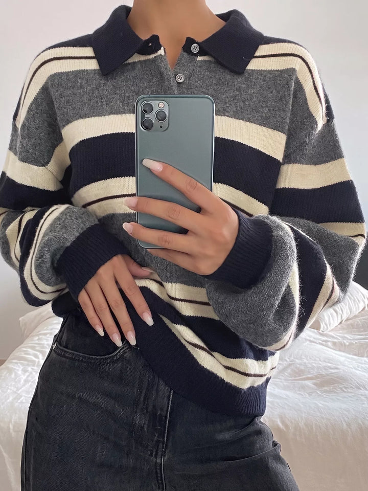 Striped polo collar sweater with button placket