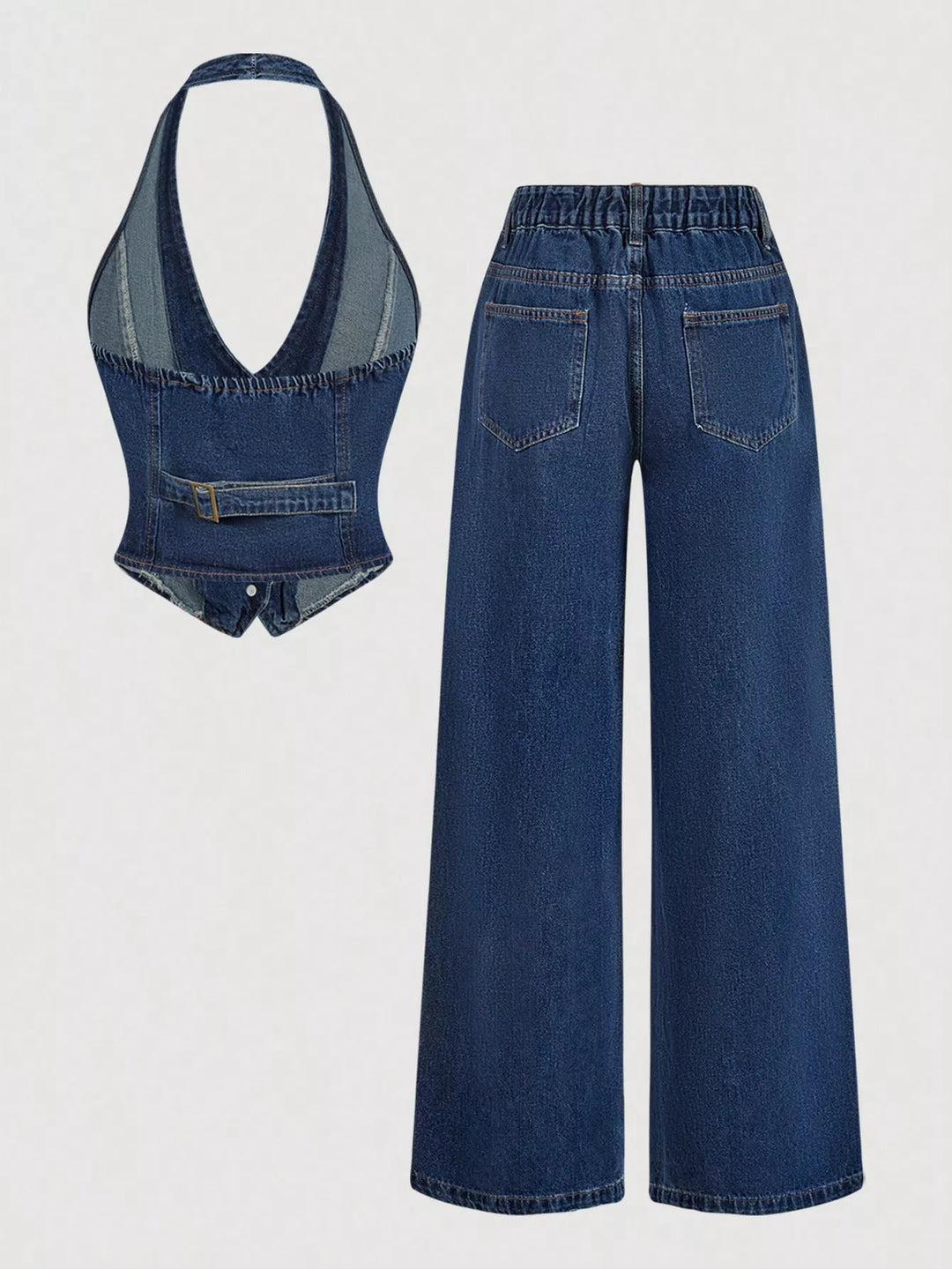Halter denim vest and wide-leg jeans two-piece set