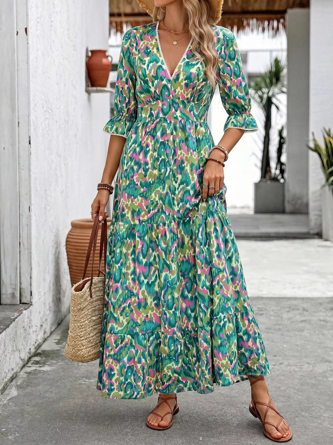 Abstract print v-neck flounce sleeve tiered maxi dress