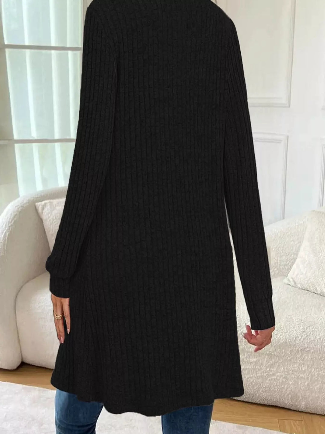 Ribbed knit open-front longline cardigan with pockets
