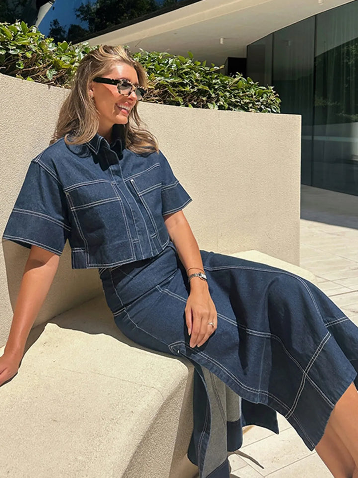 High-waist contrast stitch denim maxi skirt with side slit