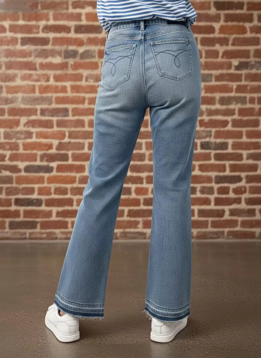 Mid-rise slim bootcut jeans with release hem and tummy control