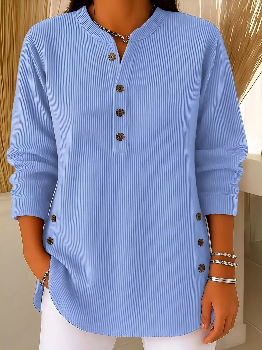 Blue Ribbed half-button henley top with side buttons