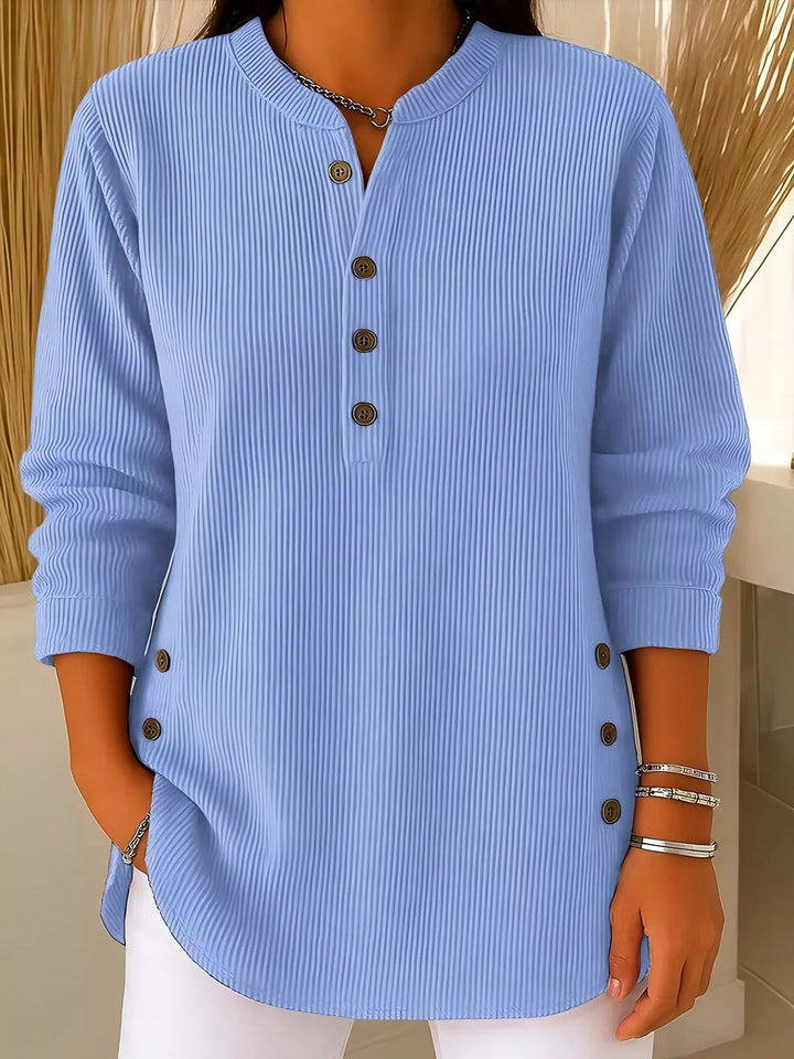 Blue Ribbed half-button henley top with side buttons