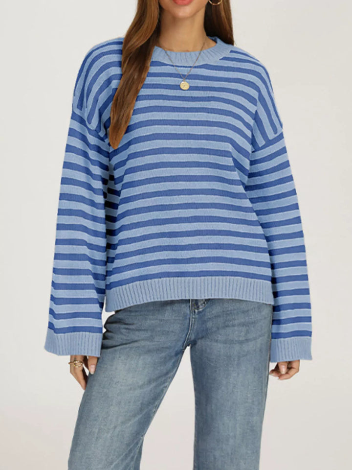 Striped drop shoulder crew neck sweater with ribbed trim