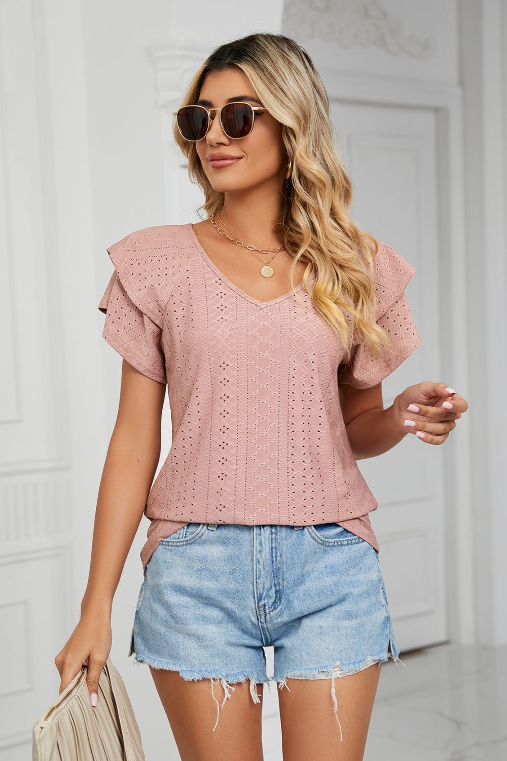 Dusty Pink Eyelet knit V-neck top with layered flutter sleeves