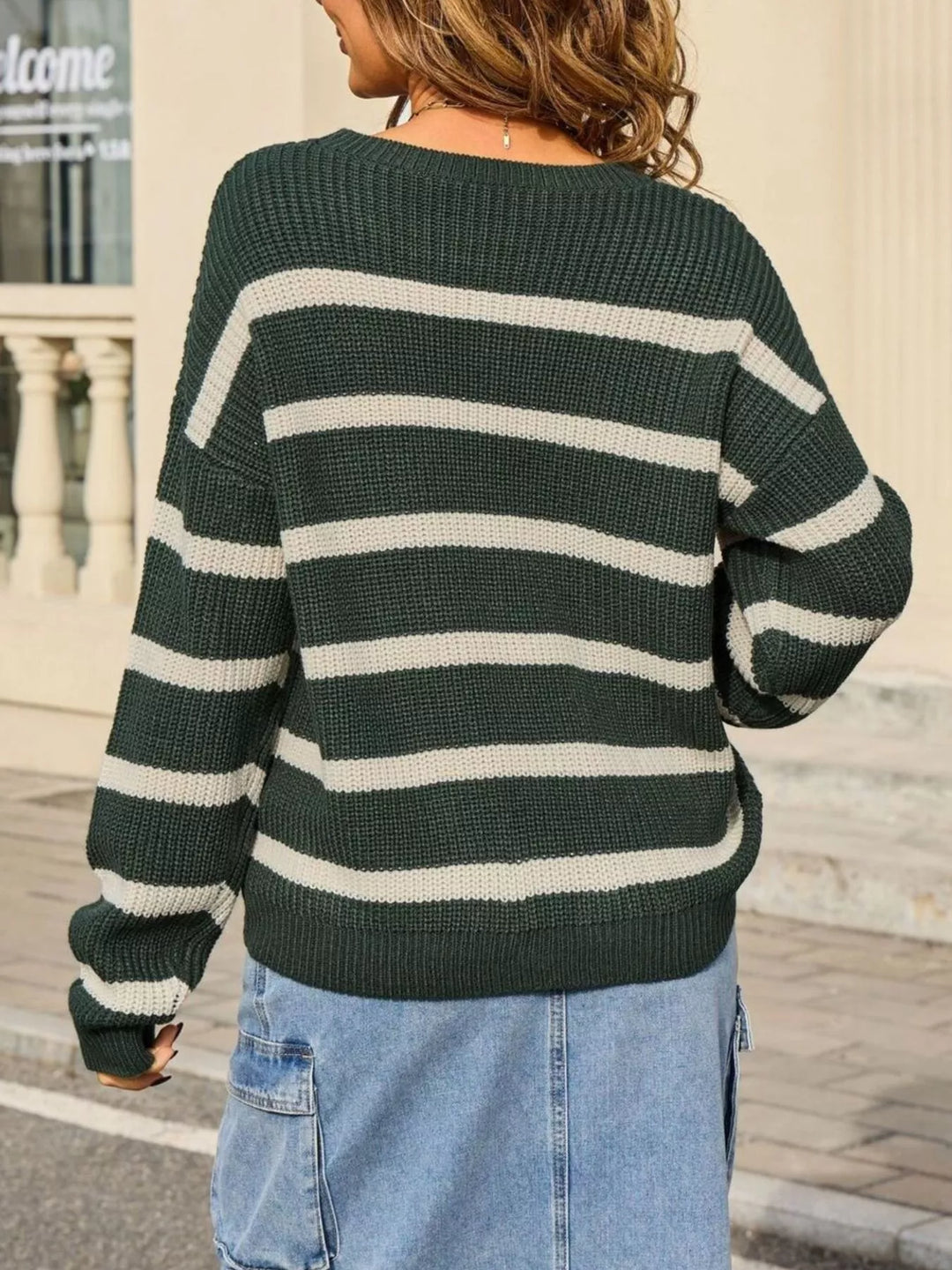 Striped ribbed knit dropped shoulder crewneck sweater