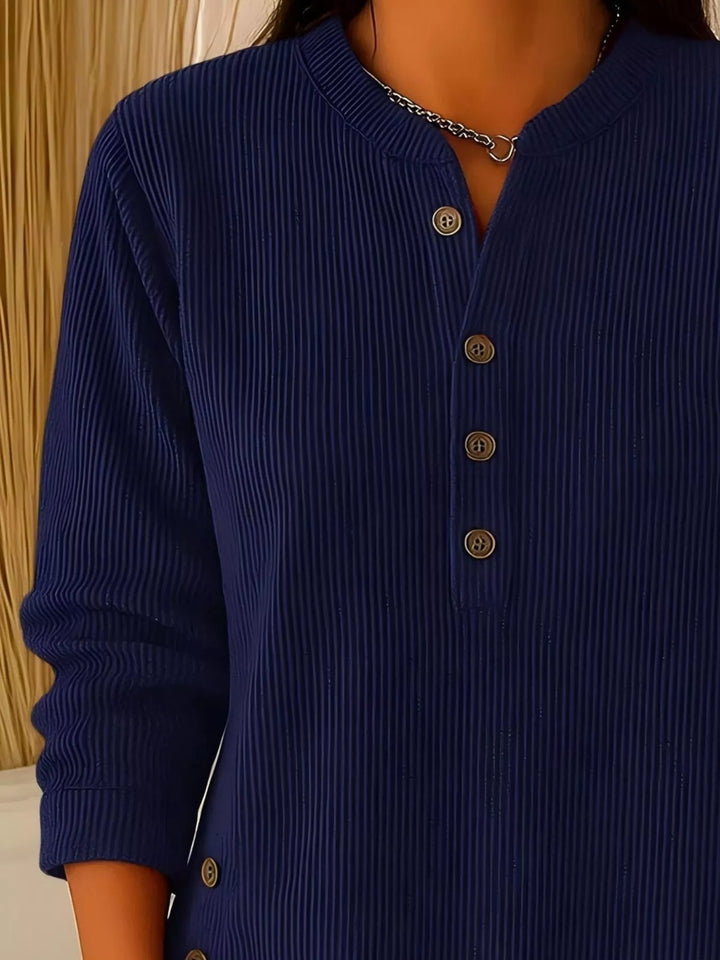Ribbed half-button henley top with side buttons