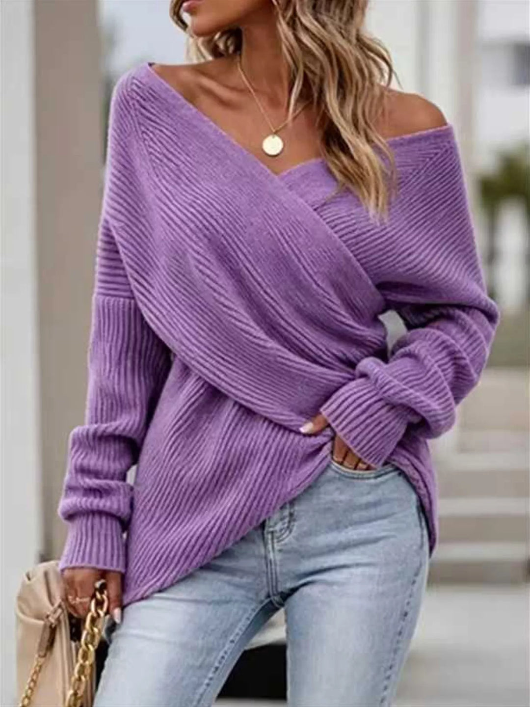 Purple Crisscross wrap front ribbed knit sweater with dolman sleeves