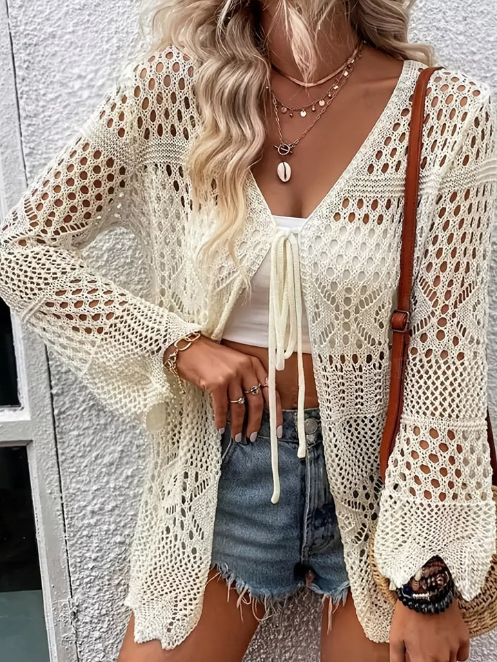 Open-knit crochet cardigan with tie front and long sleeves