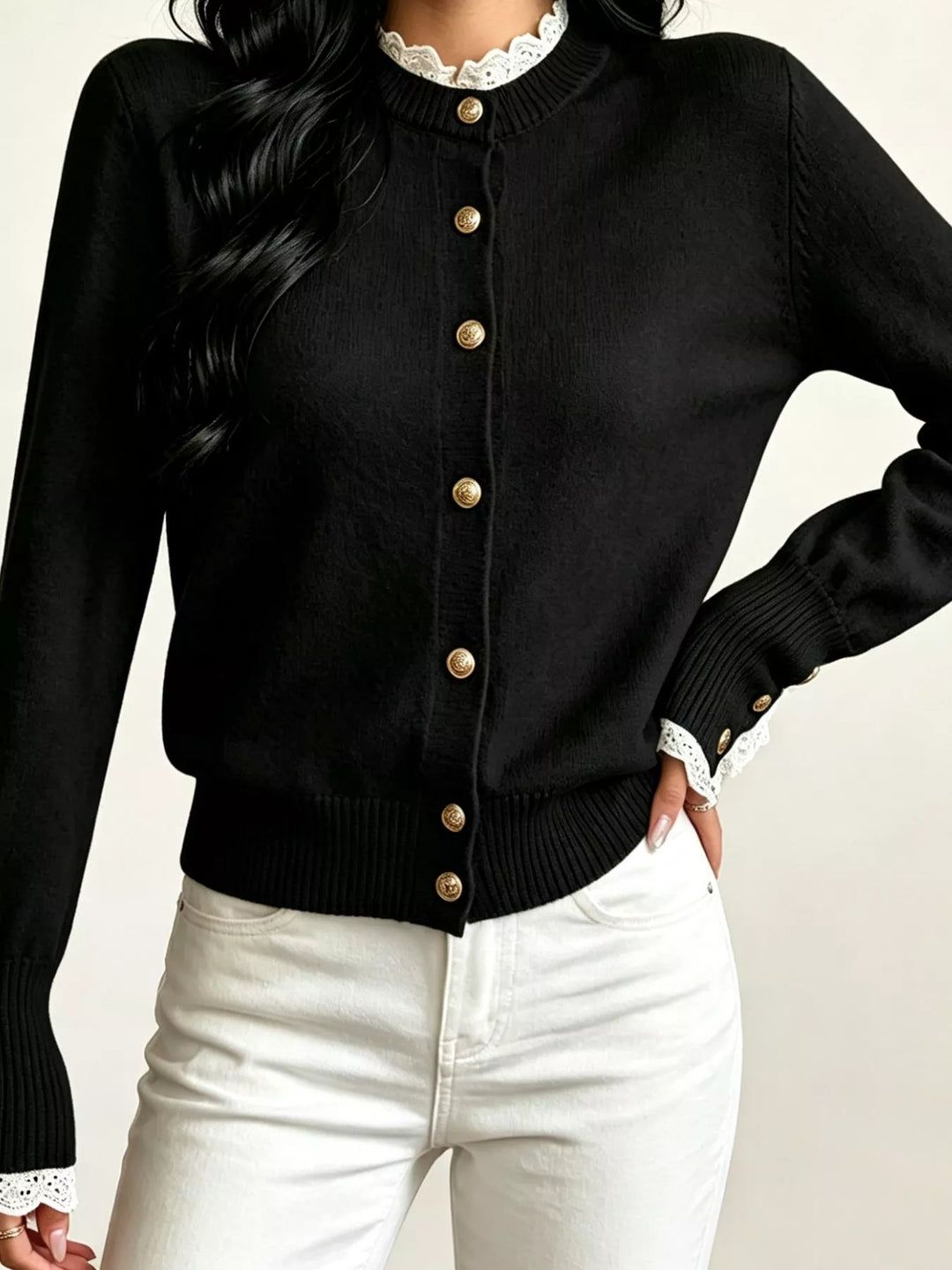Black Lace trim crew neck sweater with buttoned ribbed cuffs