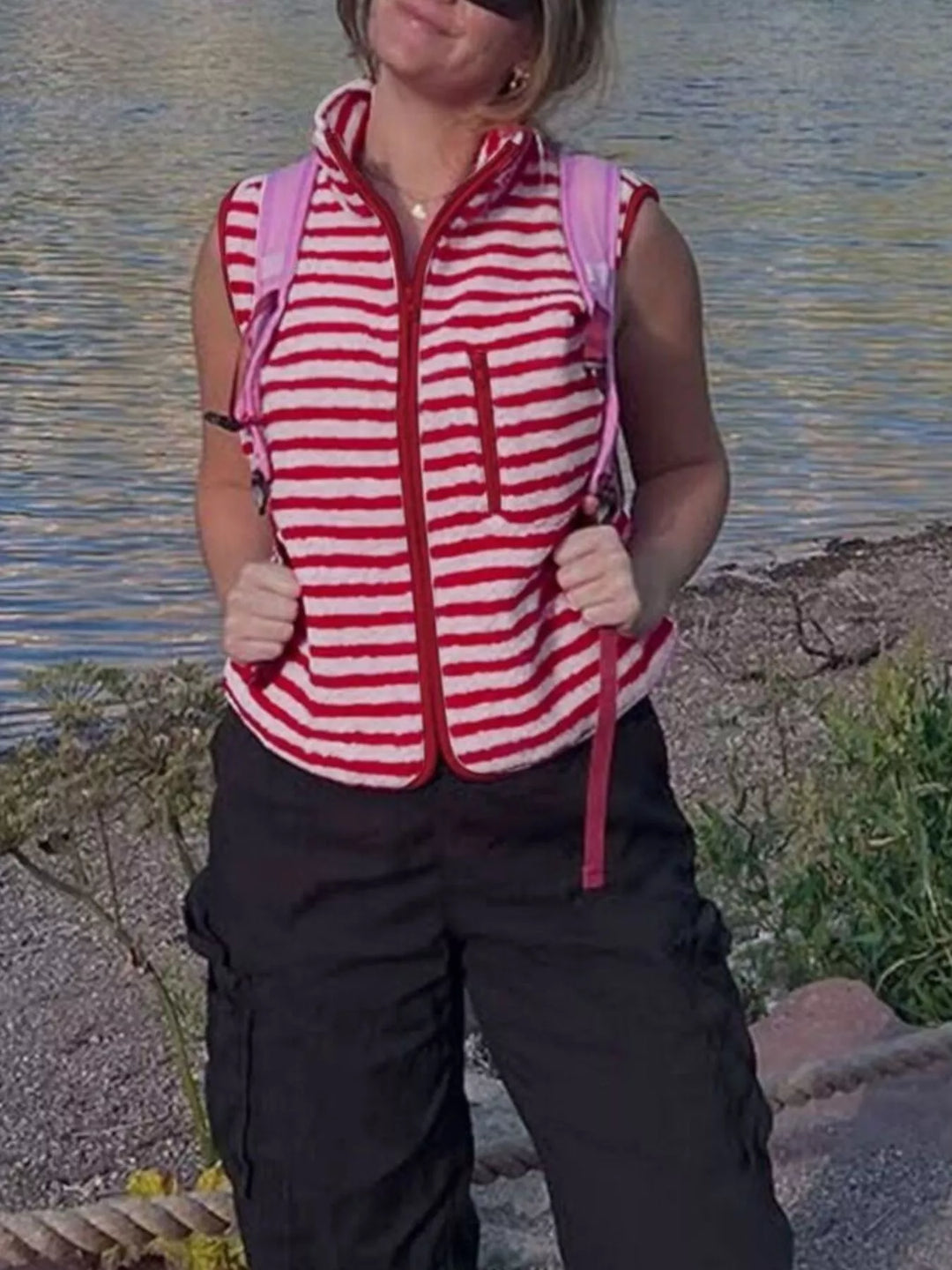 Strawberry Striped fleece zip-up vest with stand collar