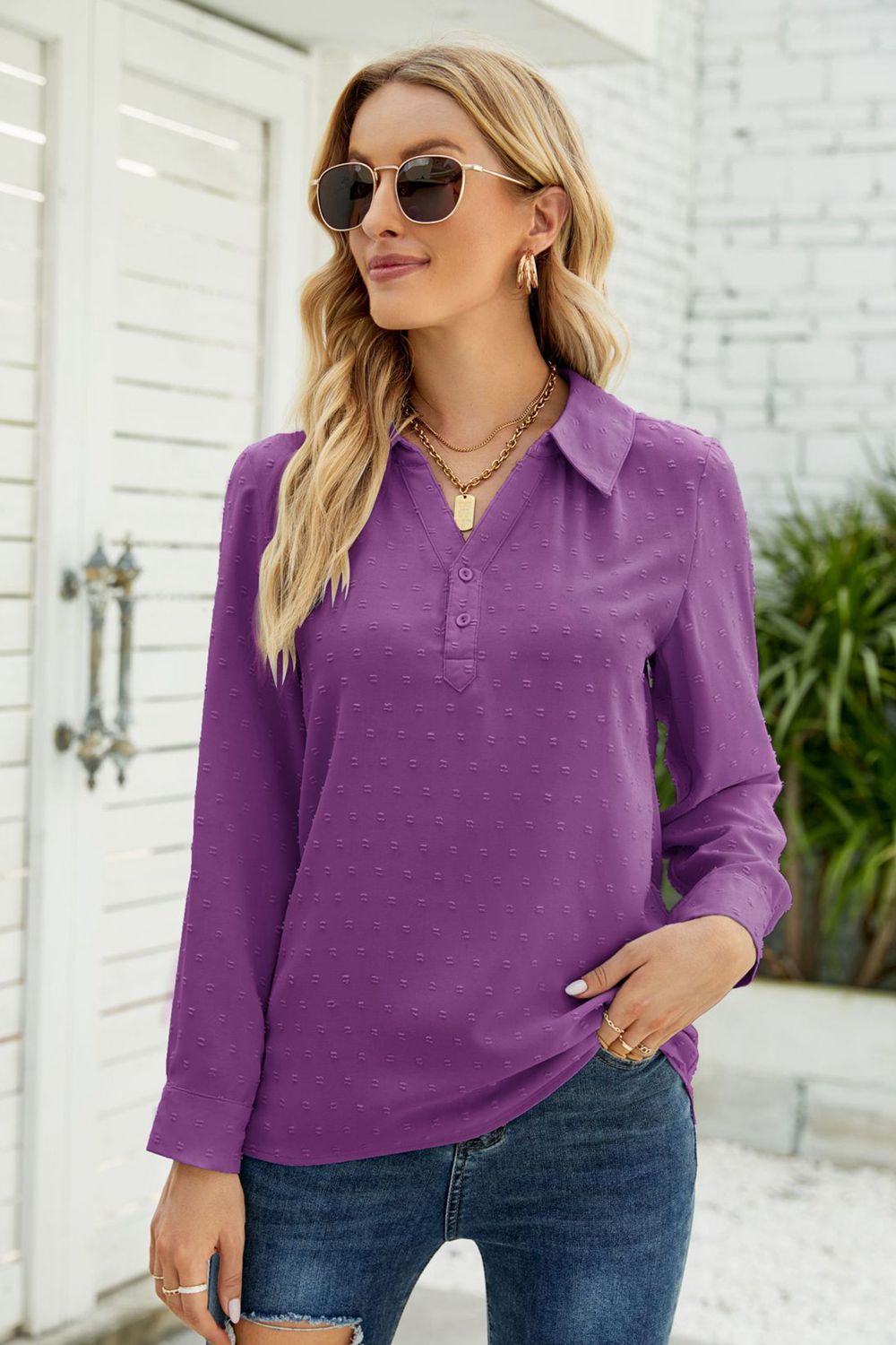 Purple Swiss dot Johnny collar blouse with roll-tab long sleeves