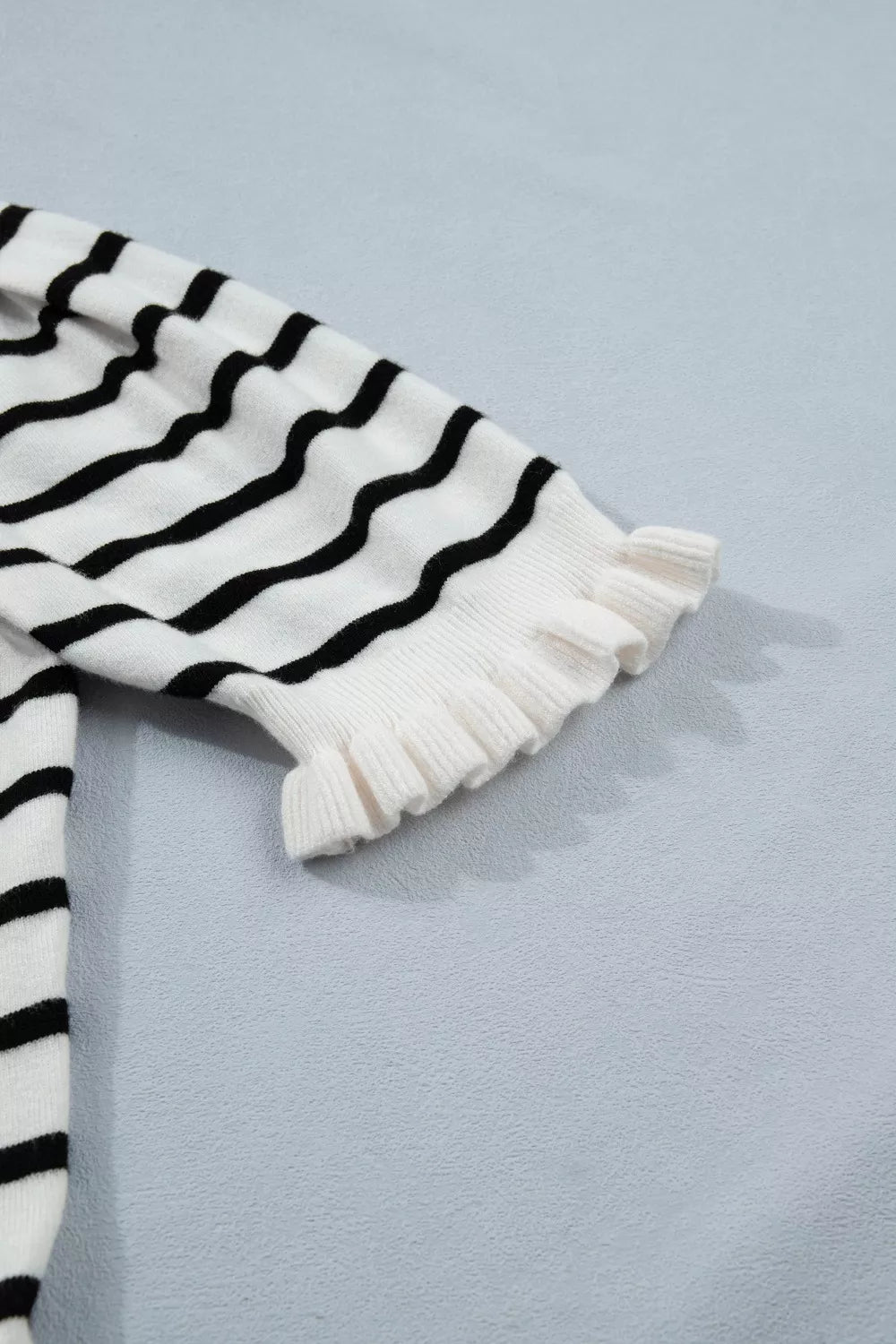 Striped short sleeve knit cardigan with ruffle trim