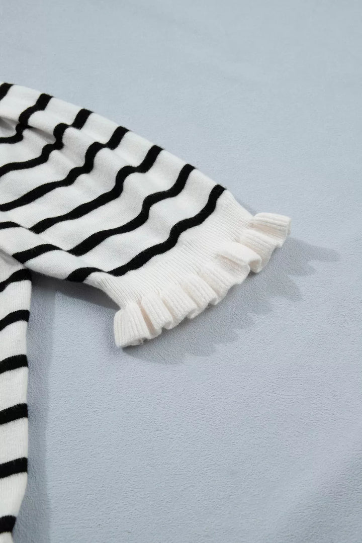 Striped short sleeve knit cardigan with ruffle trim