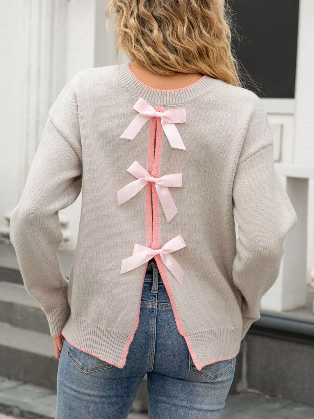 Grey Bow-back knit sweater with ribbon ties and round neck