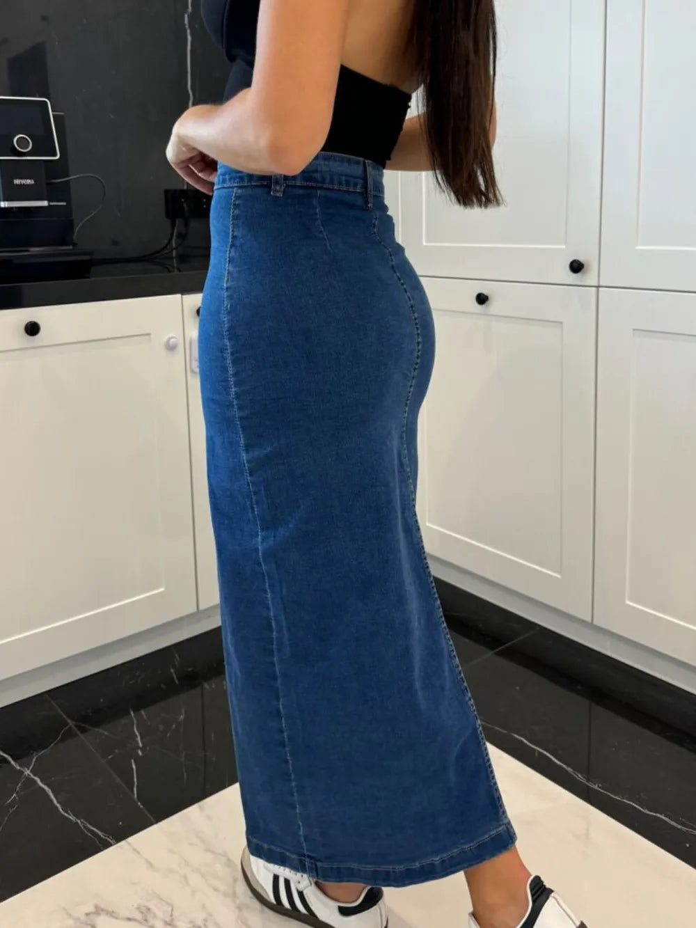 High-waist front-button slit midi denim skirt