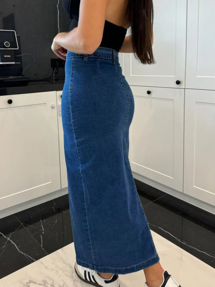 High-waist front-button slit midi denim skirt