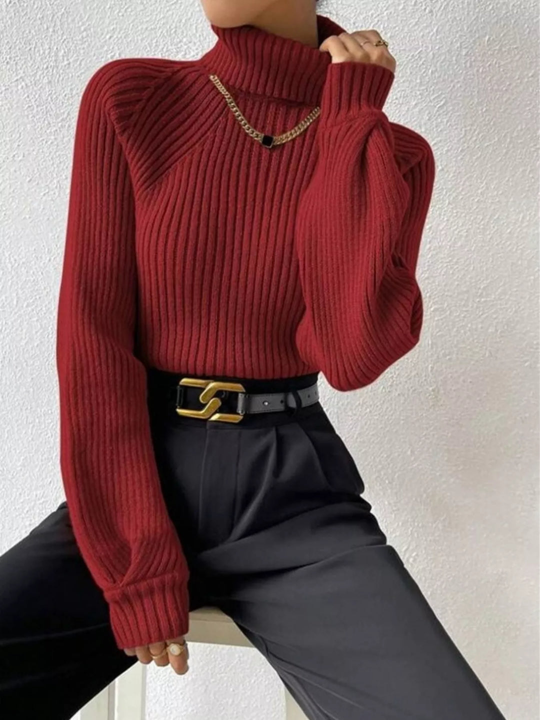 Ribbed knit turtleneck sweater with fitted long sleeves