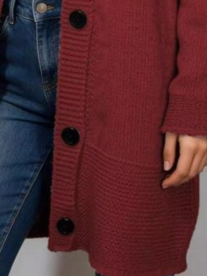 Hooded button-front longline knit cardigan with pockets