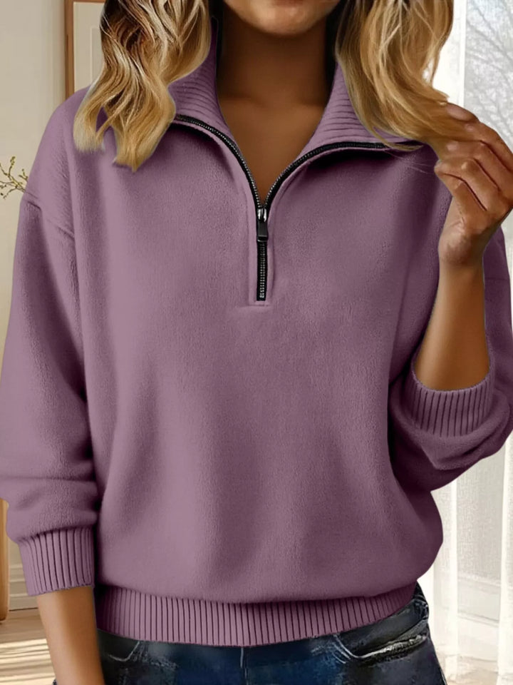 Purple Half-zip dropped-shoulder knit sweater with ribbed collar